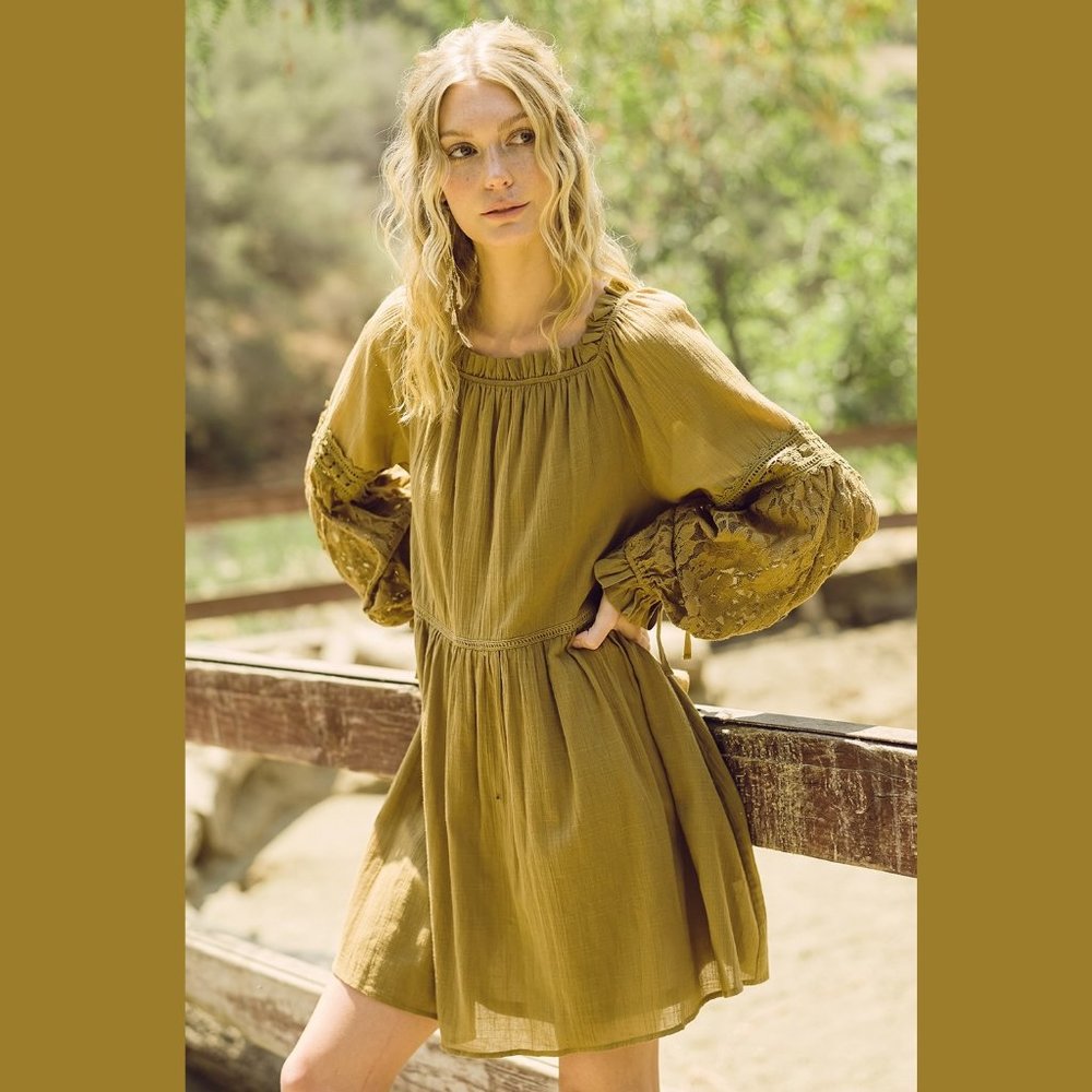 Listicle Moss Mini Dress • NWT • Green • Lace Cotton • Ruffles • Pockets • Boho